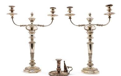 A pair of silver plated twin branch candelabra