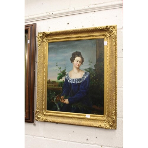 A portrait of a young lady wearing a blue dress, oil on canv...