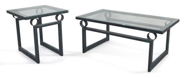 A post modern coffee table and matching side table, c.1980, The coffee table with rectangular glass top on painted metal base with pierced circular supports, Coffee table: 46.5cm high, 110cm wide, 60cm deep, Side table: 56cm high, 55cm square (2)