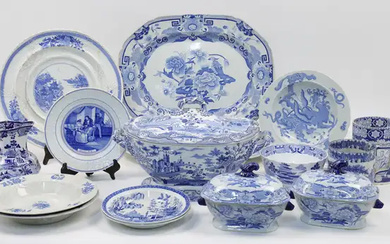 A quantity of blue and white transfer-print decorated ceramics, 19th century, comprising:...