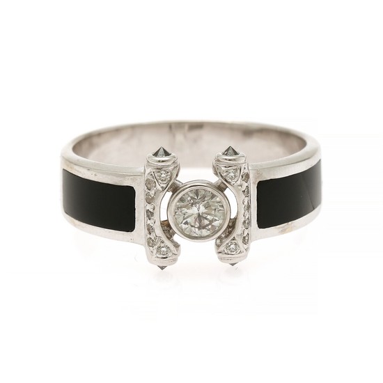 A ring set with one larger and a numerous smaller brilliant-cut diamonds, flanked by two polished onyx and four black diamonds, mounted in 14k white gold.