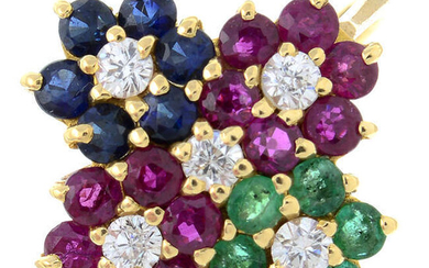 A ruby, emerald, sapphire and colourless gem cluster dress ring.