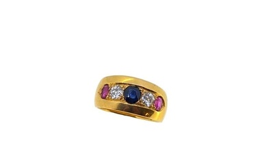 A sapphire, diamond and ruby dress ring