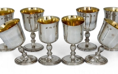 A set of eight silver goblets, London, 1973, William Walter Antiques, with gilded interiors and knopped stems, some with damage, approx. 12cm high, total weight approx. 38.2oz (8)