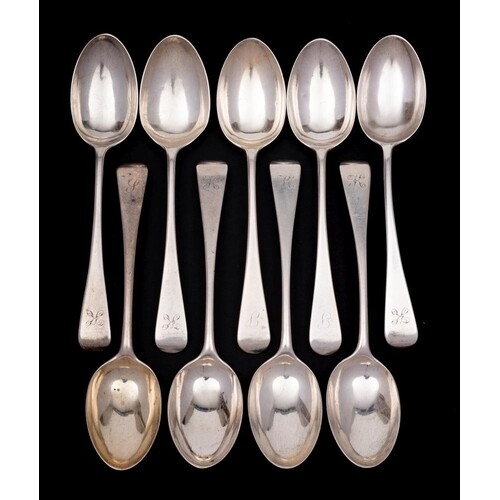 A set of nine Victorian silver Old English pattern dessert s...