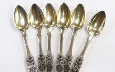A set of six mid 19th century Russian 84 zolotnik and niello...