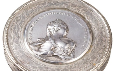 A silver box with cover showing empress Elisabeth, Moscow, 1790