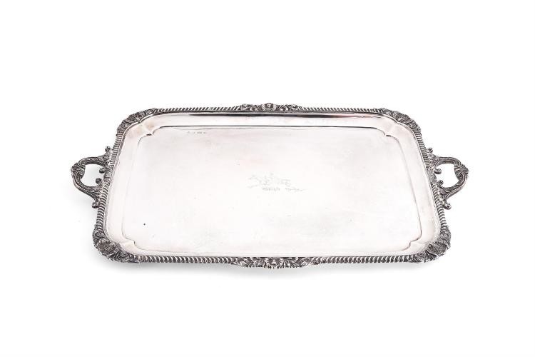 A silver large rounded rectangular twin handled tray by Elkington & Co.