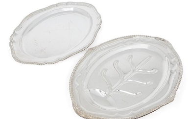 A silver plated meat platter with gadrooned border, 46.3cm long, together with a silver plated shaped oval platter, also with gadrooned border, 44.5cm long (2)