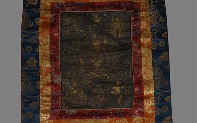 A small Tibetan black ground Thang-ka depicting Padmasambhava (Guru Rinpoche)