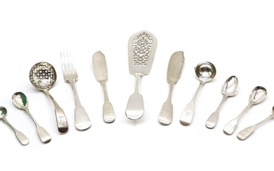 A small collection of antique silver fiddle pattern flatware
