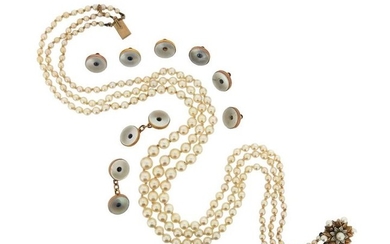 A three-row cultured pearl necklace, with a mother-of-pearl-set...