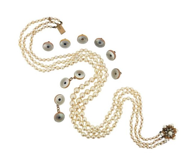 A three-row cultured pearl necklace, with a mother-of-pearl-set...