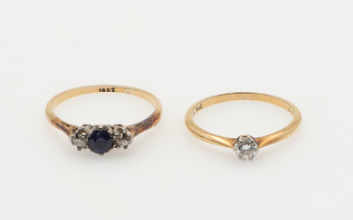 AN 18CT GOLD, SAPPHIRE AND DIAMOND RING AND A DIAMOND SOLITAIRE RING.