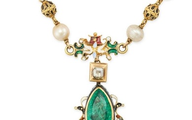 AN ANTIQUE COLOMBIAN EMERALD, NATURAL PEARL, ENAMEL AND DIAMOND NECKLACE in yellow gold, comprising