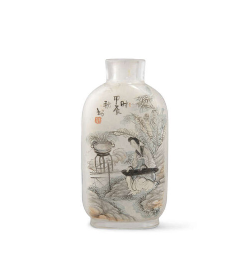 AN INSIDE PAINTED ‘LADY AND GUZHENG’ SNUFF BOTTLE...