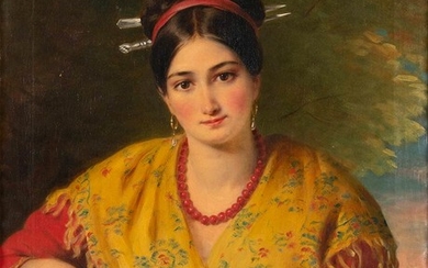 ANONYMOUS PAINTER XIX Century Girl with yellow mantilla Oil...