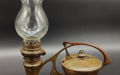 ANTIQUE PETROLEUM LAMP WITH GLASS SHADE AND IMPELLER LOGO AROUND CA. 1910/1920.