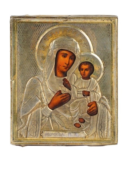 ANTIQUE RUSSIAN ICON OUR LADY OF IVERON IN SILVER OKLAD