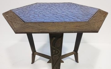 ART DECO CAST IRON & TEXTURED GLASS SIDE TABLE