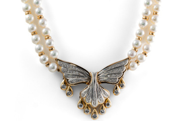 Akoya Pearl, Diamond Double-row Necklace