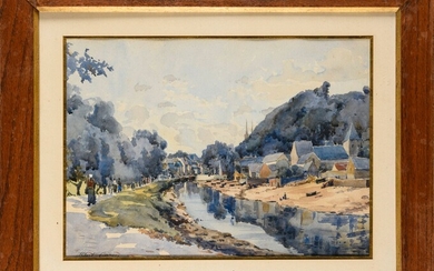 Albert CARON Vue du port de Quimper Aquarelle sur papier Signée 27 x 37 cm...