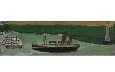 Alfred Wallis, 1855 Devenport – 1942 St Ives Bay, zug., SCHIFFE UND LEUCHTTURM