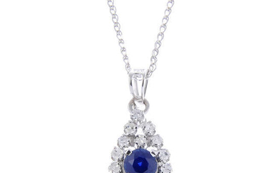 An 18ct gold sapphire and diamond cluster pendant, with chain.