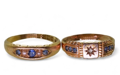 An 18ct gold sapphire and pearl ring, with Chester hallmarks...