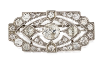 An Art Deco diamond rectangular panel brooch, with central millegrain-set old-brilliant-cut diamond weighing approximately 1.03 carats, within diamond pierced openwork geometric pattern surround, c.1930, approx. 1.8 x 3.7cm