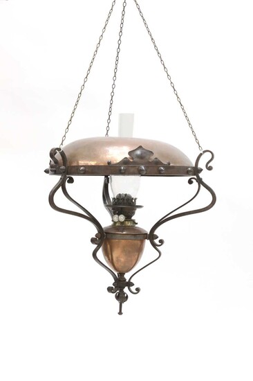 An Arts and Crafts hanging copper oil lamp