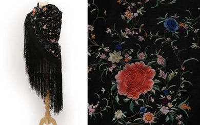 An Early 20th Century Chinese Black Silk Shawl, embroidered to...