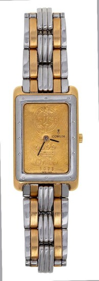 An Ingot bar, quartz wristwatch, by Corum, the rectangular two tone dial to a two tone bracelet, quartz movement, dial signed Corum, reverse of case signed Corum and numbered 56 400 21 C136 528819. case width 25mm