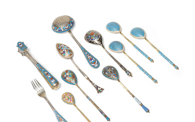 An assembled group of Russian gilt silver and enamel flatware and serving pieces