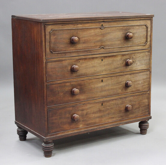 An early Victorian mahogany secrétaire chest of four oak-lined drawers, on turned feet, height