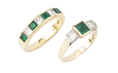 An emerald and diamond seven stone dress ring, the alternating...