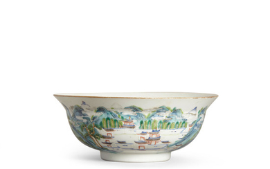 An enameled landscape bowl with flared rim