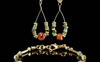 Ancient Egypt, Late Period Bracelet and Earrings with faience and carnelian beads