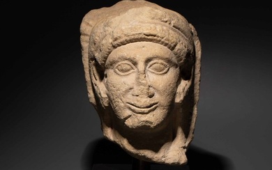 Ancieny Greek, Cyprus Limestone Head Hero Herkules Heracles. 23 cm H. 4th century BC. Spanish Export License.