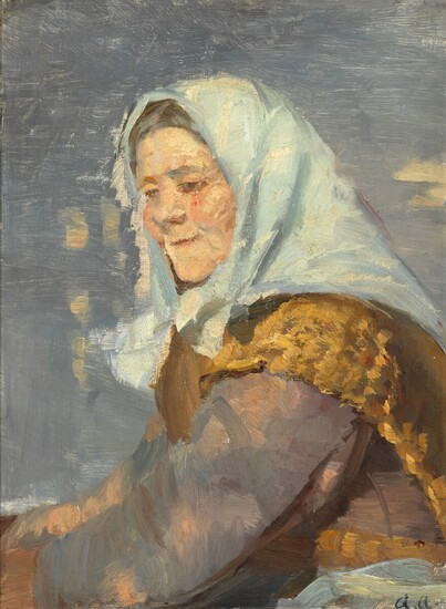 Anna Ancher: A woman from Skagen with a white headscarf. Signed A. A. Oil on panel. 35×26 cm.