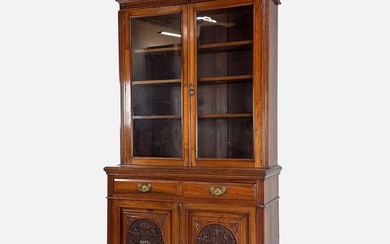 Antique 19thC European Carved Hardwood w/Glass Doors Step-Back Display Cupboard
