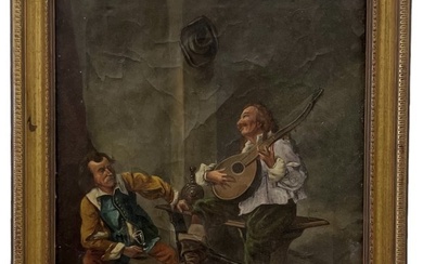 Antique Italian Genre Tavern Scene Of Drinking Musicians