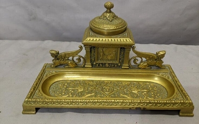 Antique Ornate Brass Desk Inkwell & Dish