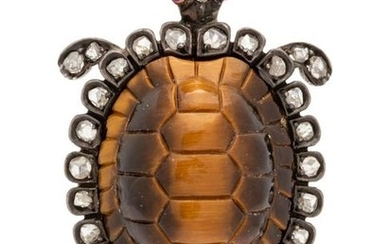 Antique, Tiger's Eye and Diamond Turtle Brooch