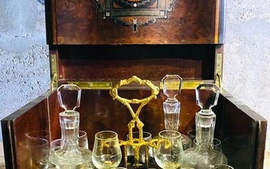 Antique liqueur cellar - "Boulle" style marquetry - Napoleon III - Brass, Bronze, Mahogany, Rosewood, Thuja burr wood - Second half 19th century