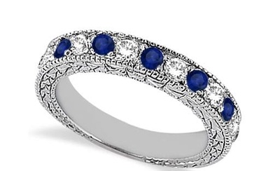 Antique style Diamond and Blue Sapphire Wedding Ring 14kt White Gold 1.05ctw