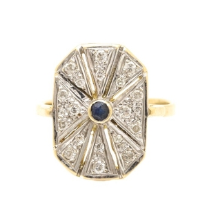Art Deco 14K Two Tone Blue Sapphire and Diamond Ring