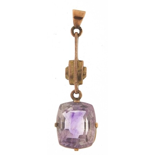 Art Deco unmarked gold purple stone pendant, 3.5cm high, 2.8...