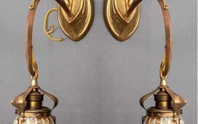 Art Nouveau Gilt Bronze & Quezal Glass Sconces, 2