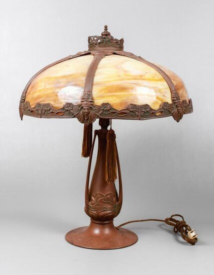 Art Nouveau Patinated Slag Glass Table Lamp
